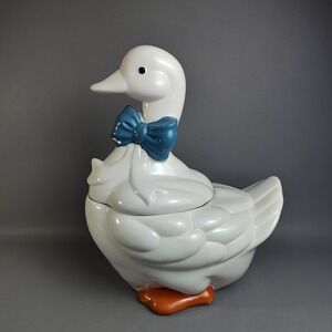 Vtg Mother Goose Ceramic Cookie Jar W/Blue Ribbon & Orange Feet Cottagecore  13"